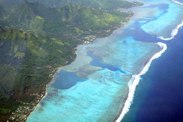 Pacific island lagoon, Moorea, French Polynesia, aerial view